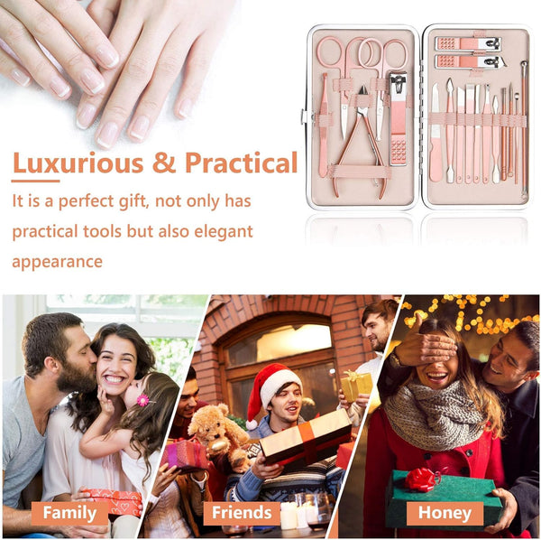 URAQT Nail Clippers, 18 pcs Manicure Pedicure Set, Nail Scissors Cuticle Remover for Men Women, Stainless Steel Nail Care Grooming Kit with Leather Case for Travel & Home