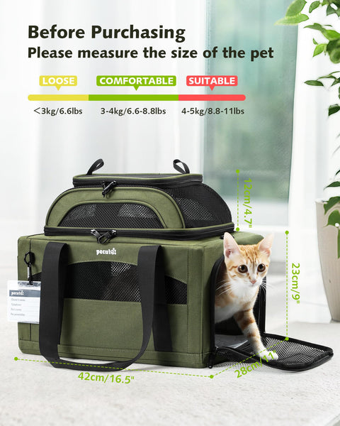 pecute Cat Carrier Airline Approved, Top Expandable Cat Carrier Handbag, Extra Stable Dog Carrier, Breathable Mesh Fabric Bag for Pets, Pet Carrier Suitable for Both Long And Short Trips Green