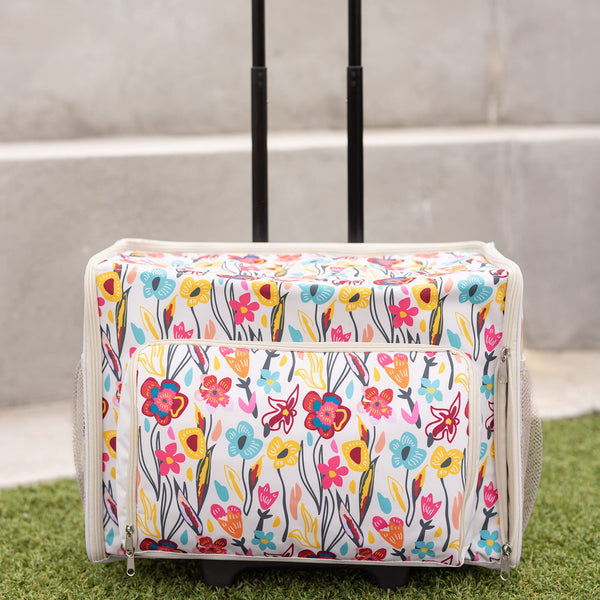 Everything Mary Craft Trolley Bag on Wheels, Cream aand Multi Floral - Craft Organiser on Wheels for Sewing, Scrapbooking, Paper Craft, and Art - Storage Case for Supplies and Accessories -