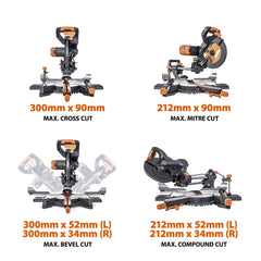 Evolution Power Tools R255SMS-DB+ Double Bevel Sliding Mitre Saw, Multi-Material Cuts Metal, Wood, Plastic & More - with Plus Pack includes Clamps, Dust Bag & Blades, 255mm (230V)