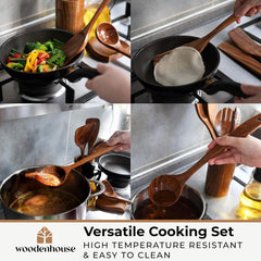 Wooden Spoons Cooking Utensils - Teak Wooden Utensil Set of 12 Pcs with Holder, Spoon Rest & Hanging Hooks, Non-Stick and Heat Resistant Kitchen Accessories by Woodenhouse