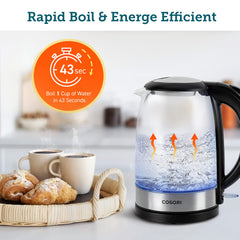 Cosori Kettle, 3000W, Food-Grade Stainless Steel Filter & Inner Lid, Glass Spout, BPA Free, Easy-Clean & No-Splash Design, Electric Fast Boil Tea Kettles With LED, Boil-Dry Protection, Black