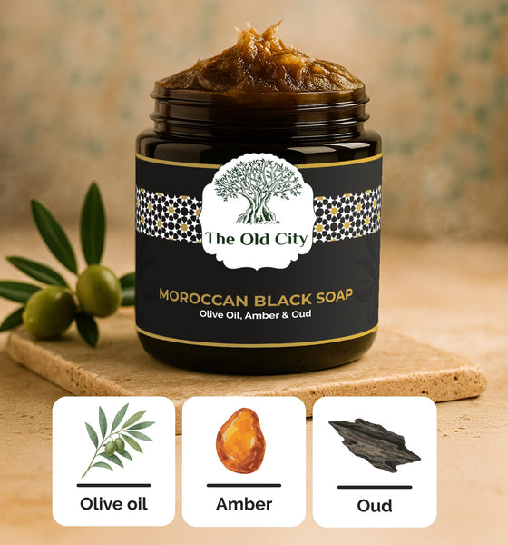 Moroccan Black Beldi Soap – Olive Oil, Oud & Amber – Traditional Hammam Cleanser – Detoxifying & Moisturising – Vegan, Natural, Whole Body Use (250 ml, Oud & Amber)