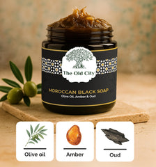 Moroccan Black Beldi Soap – Olive Oil, Oud & Amber – Traditional Hammam Cleanser – Detoxifying & Moisturising – Vegan, Natural, Whole Body Use (250 ml, Oud & Amber)