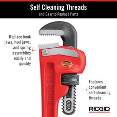 RIDGID 31010 10-inch Heavy-Duty Straight Pipe Wrench, 10-inch Plumbing Wrench,Red