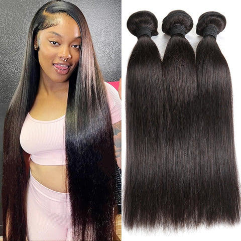 Straight Brazilian Virgin Human Hair Weave 3 Bundles Silky Straight 12A Grade Unprocessed Human Hair Extensions For Black Women Natural Black 100g/pc (Straight Hair Bundles, 10 12 14 Inch)