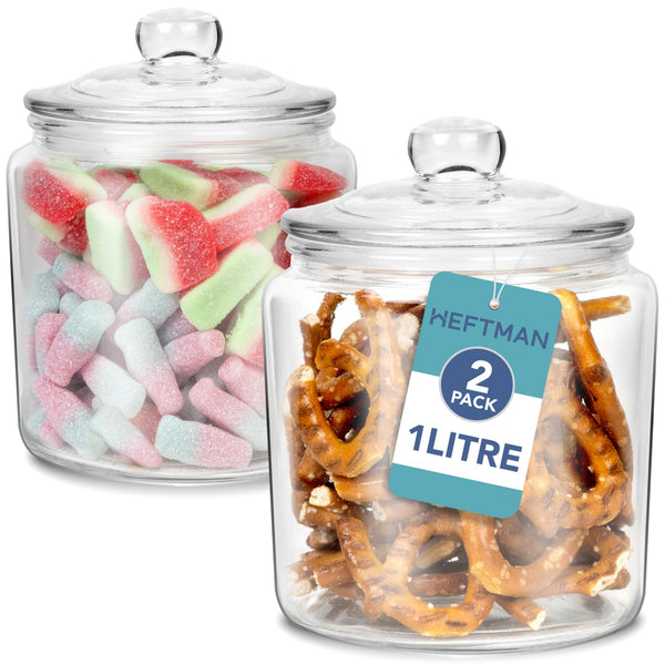 HEFTMAN Glass Jar with Lid - 2 x 1 Litre Clear, Empty Sweet Jars with Airtight Push-Top Lid - Sturdy Glass Apothecary Jars for Sweets, Coffee, Sugar, Laundry Pods Storage Container (2 Pack)