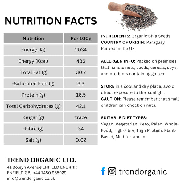 Trend Organic Chia Seeds, 500g–Good Source of Protein, Fibre, Healthy Fats, and Essential Minerals – Ideal for Smoothies – Certified Organic, Vegan, GMO-Free, No Additives No Preservatives, Raw