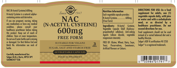 Solgar NAC (N-Acetyl-L-Cysteine) 600 mg Vegetable Capsules - Pack of 60 - Healthy Skin, Hair and Nails - Vegan