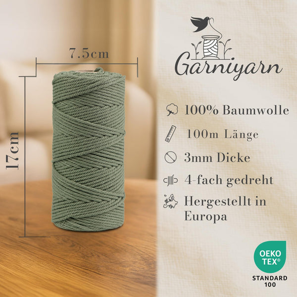 GARNIYARN Makramee Garn, Sage Green, 3mm x 100m