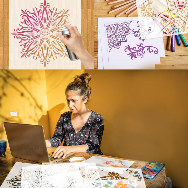 MWOOT 4 Pieces Mandala Drawing Stencils for Wall Painting Supply,Reusable Large Templates for Canvas Fabric Wall Decors Art Set,Mandala Design Drawing Plastic Stencil for DIY Art Beginners (30x30CM)