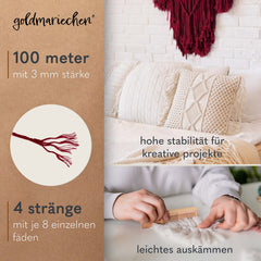 goldmariechen - Premium Makramee Garn (Burgunder) 3mm x 100m - 100% Baumwolle - Makrameegarn Baumwollgarn für DIY-Deko Wandbehang, Blumenampel, Vorhang, Traumfänger, Schlüsselanhänger, Türvorhang