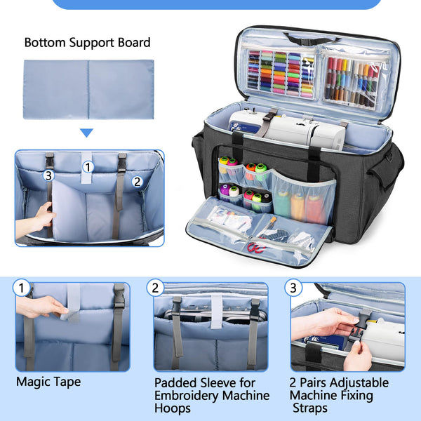 CURMIO Embroidery Sewing Machine Carrying Case with Wheels, Rolling Embroidery Machine Tote Bag with Bottom Support Board for Embroidery Machine and Sewing Supplies, Grey