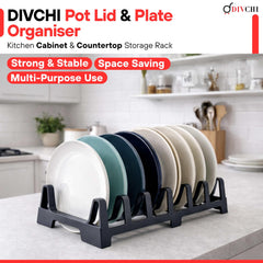 DIVCHI Pot Lid Holder Kitchen Organiser – 7 Slot Pan Lid Rack Lids, Plates & Chopping Boards, Compact Cupboard Storage Organiser (Grey)