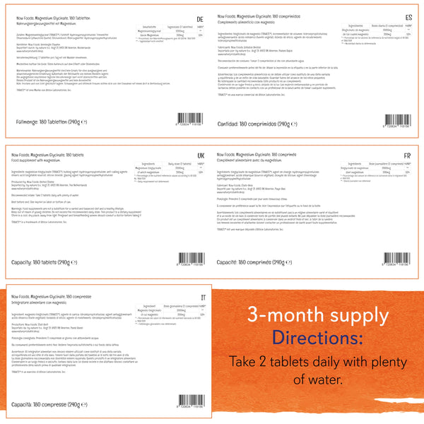 Now Foods, Magnesium Glycinate, 200mg Magnesium, 180 Vegan Tablets, Lab-Tested, Vegetarian, Gluten Free, Soy Free, Non-GMO
