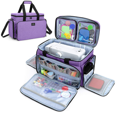 CURMIO Sewing Machine Bag for Most Standard Sewing Machine, Universal Sewing Machine Carrying Case with 2 Removable Zipper Pouches for Sewing Supplies, Purple (Patent Design)