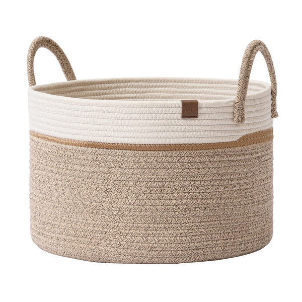 La Jolíe Muse Large Storage Basket - Cotton Rope Laundry Basket with Handle for Diaper Blanket Toy Towel Woven Laundry Basket Home Decor, White & Desert-S