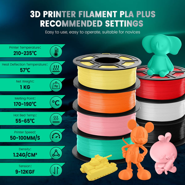 SUNLU 5KG PLA+ Filament Bundle, Enhanced Durability and High Strength, PLA Plus 3D Printer Filament for 3D FDM Printers, 1KG per Spool, 5 Rolls, Klein Blue+Red+Green+Vivid Yellow+Sunny Orange