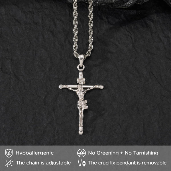 NORBU 925 Sterling Silver Crucifix Necklace for Men/Women, Religious Jewelry Gift for Baptism/Confirmation, Hypoallergenic Jesus Cross Pendant with Secure Lobster Clasp, Rope Chain, 20 inch