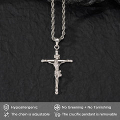 NORBU 925 Sterling Silver Crucifix Necklace for Men/Women, Religious Jewelry Gift for Baptism/Confirmation, Hypoallergenic Jesus Cross Pendant with Secure Lobster Clasp, Rope Chain, 20 inch