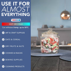 HEFTMAN Glass Jar with Lid - 2 x 1 Litre Clear, Empty Sweet Jars with Airtight Push-Top Lid - Sturdy Glass Apothecary Jars for Sweets, Coffee, Sugar, Laundry Pods Storage Container (2 Pack)