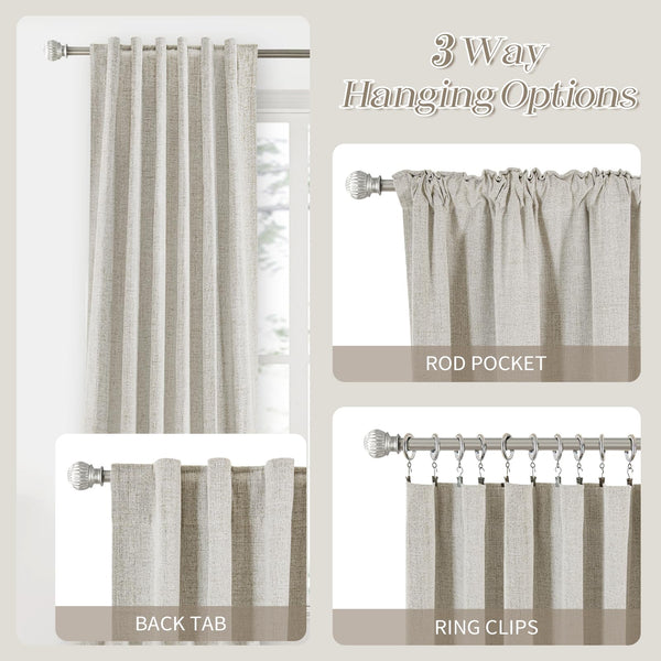 PANGSINNE 100% Blackout Linen Curtains 96 inch Length - 2 Panels Set Thermal Insulated Black Out Drapes for Living Room Bedroom Back Tab/Rod Pocket Room Darkening Window Curtain 8 FT