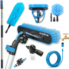 30ft Telescopic Water-Fed Solar Panel and Window Cleaning Pole Kit — Extendable Reach Cleaner with Brush, Soap Dispenser, Cobweb & Feather Duster — Soffit, Fascia, Conservatory