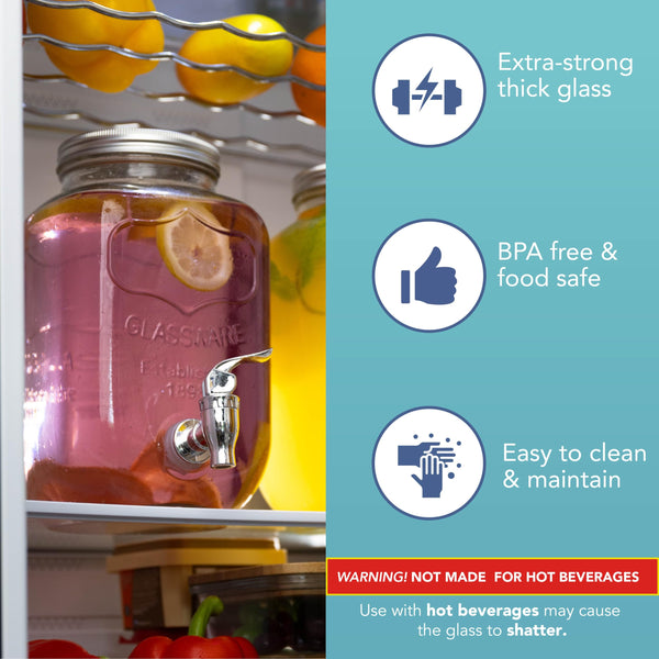 HEFTMAN Glass Drink Dispenser with Tap - 2 x 4 Litre Mason Jar Drink Dispenser with Leakproof Tap & Metal Wire Stand - Drinks Dispenser, Cocktails, Empty Beverage Dispenser