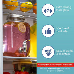 HEFTMAN Glass Drink Dispenser with Tap - 2 x 4 Litre Mason Jar Drink Dispenser with Leakproof Tap & Metal Wire Stand - Drinks Dispenser, Cocktails, Empty Beverage Dispenser