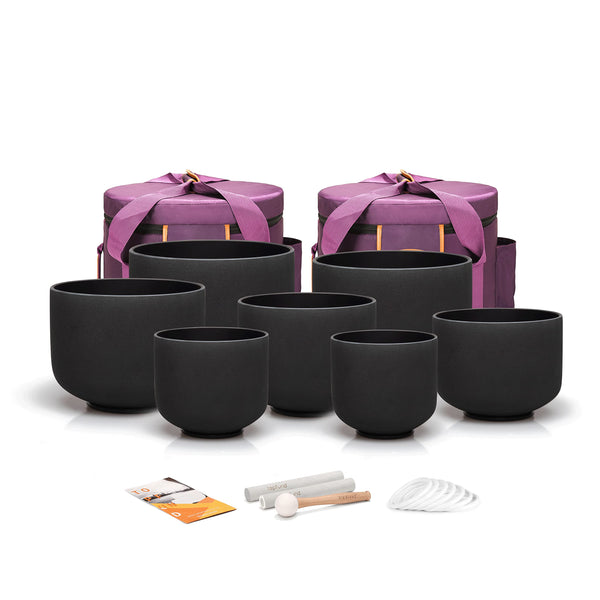 TOPFUND 6-10" 432Hz Chakra Set of 7 Black Crystal Singing Bowls with Heavy Duty Carrying Cases and Mallets
