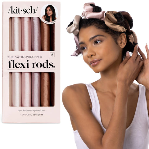 Kitsch Satin Flexi Rod Heatless Hair Curler Set – Hair rollers for Overnight Curls, Heatless Curls, Overnight blowout rods, Heatless curler and hair rollers, Heatless blowout rods, 6pcs - Rosewood