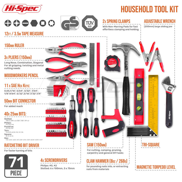 Hi-Spec 71pc Home & Office DIY Tool Kit Set. Complete Household Tool Box with Essential Hand Tools Included for Basic General Repairs & Maintenance