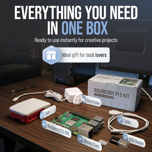 db-tronic Raspberry Pi 5 8GB Starter Kit | 128GB Edition | 27W Power Supply | Case with Cooling Fan | Heatsink | 4K Micro HDMI Cable | Ideal for Smart Home, Retro Gaming & Home Assistant