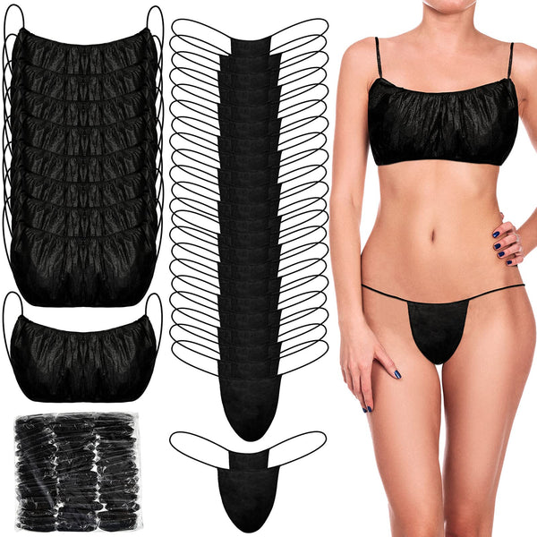 150 Pcs Disposable Bras and Panties Set Included 50 Pieces Bras 100 Pieces Thong for Women, Individually Wrapped, Black, M/L