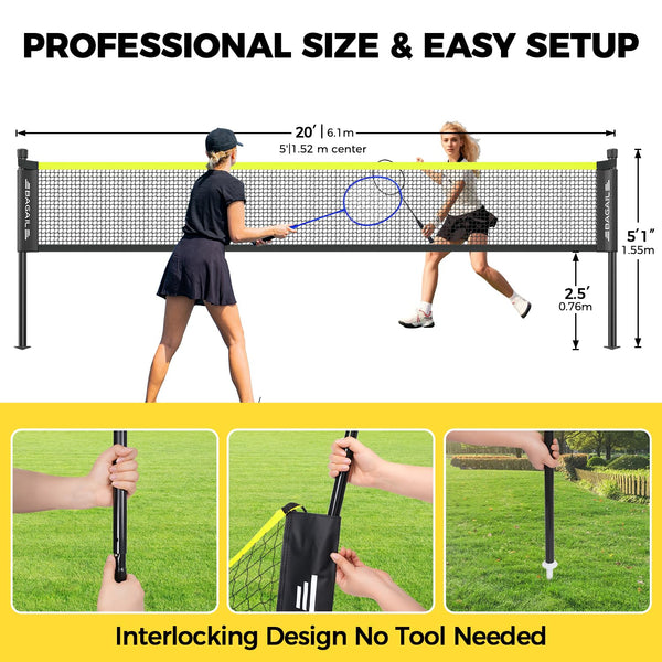BAGAIL Outdoor Badminton Net Set with Anti-Sag Winch System - Official Size 6.1x1.55m, 4 Rackets, 3 Badminton Balls, Durable PE Net and Carrying Bag for Backyard, Beach and Family Games