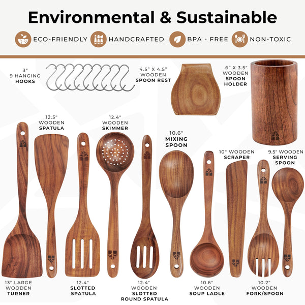 Wooden Spoons Cooking Utensils - Teak Wooden Utensil Set of 12 Pcs with Holder, Spoon Rest & Hanging Hooks, Non-Stick and Heat Resistant Kitchen Accessories by Woodenhouse
