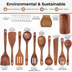 Wooden Spoons Cooking Utensils - Teak Wooden Utensil Set of 12 Pcs with Holder, Spoon Rest & Hanging Hooks, Non-Stick and Heat Resistant Kitchen Accessories by Woodenhouse