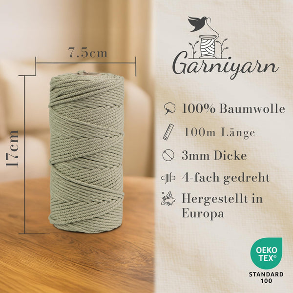 GARNIYARN Makramee Garn 3mm 3er-Set 300m, Olive Green