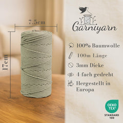 GARNIYARN Makramee Garn 3mm 3er-Set 300m, Olive Green