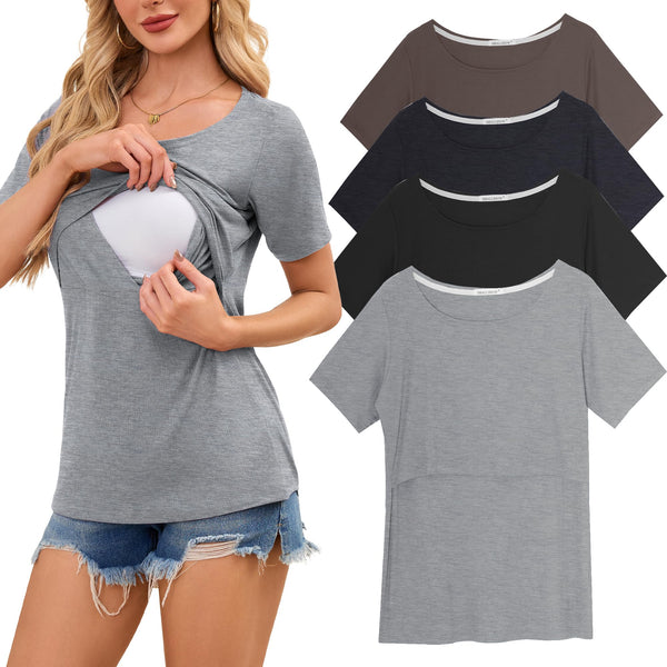Smallshow Women's Nursing Tops Ribbed Short Sleeve Breastfeeding Clothes 4 Pack,Black-Brown-Deep Grey-Light Grey,M