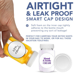 HEFTMAN Glass Shot Bottles with Lids - 12 Pack 60ml Empty Mini Bottles for Ginger Shots with Cleaning Brush & Labels - Reusable, Clear, Airtight - Ideal for Juice, Oils, Sauces, Medicine