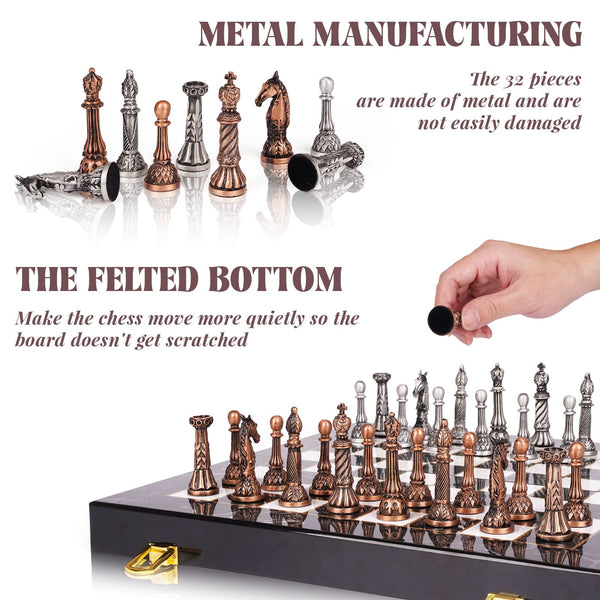 Retro Metal Chess Set for Adults – 15 Inch Marbling Chess Board with Chess Pieces – Travel Chess Set with Metal Pieces – Folding Chessboard – Ideal for Beginners and Professional Players
