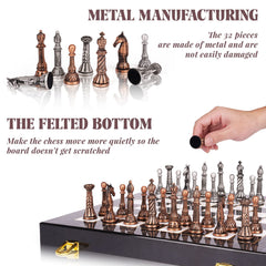 Retro Metal Chess Set for Adults – 15 Inch Marbling Chess Board with Chess Pieces – Travel Chess Set with Metal Pieces – Folding Chessboard – Ideal for Beginners and Professional Players
