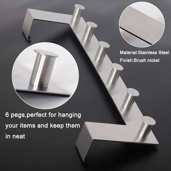 WEBI Over The Door Hooks Door Hanger,Over The Door Towel Rack with 6 Peg Hooks for Hanging,Over Door Coat Rack for Clothes,Back of Bathroom,Silver