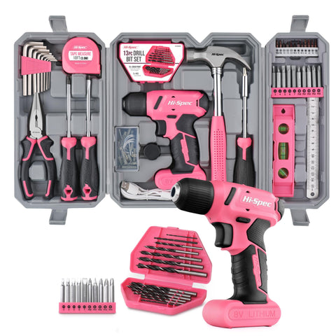 Hi-Spec 57pc Pink Hand Tool Kit Set with 8V USB Cordless Electric Screwdriver, Drill Bits Set, Tool Box for Home & Office DIY Repair and Maintenance - Comprehensive Tool Kit and Tool Set