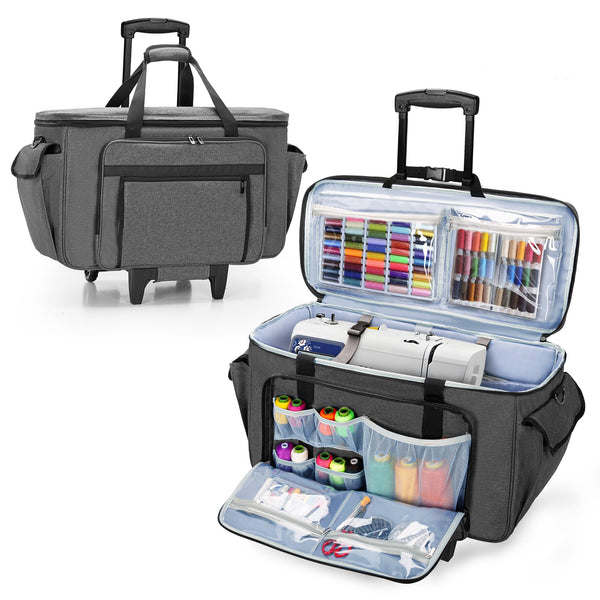 CURMIO Embroidery Sewing Machine Carrying Case with Wheels, Rolling Embroidery Machine Tote Bag with Bottom Support Board for Embroidery Machine and Sewing Supplies, Grey