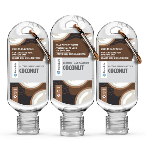 Palm Safe Coconut 3 Pack 60ml Anti Bacterial Premium Hand Sanitiser Travel Size Refillable Clip Bottle Quick Drying Non Sticky Extra Moisturising Kills 99.9% of Viruses and Bacteria