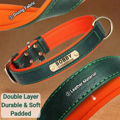 SEOUGEE Genuine Leather Dog Collar Personalised, Soft Padded Leather Dog Collars Heavy Duty with Custom Engraved Name Plate Adjustable for Small Medium Large Dogs (XS, Green 18-27cm)