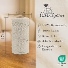 Garniyarn Makramee Garn 3mm, 3er-Set, Natural, Simply Taupe, Mocca Mouse