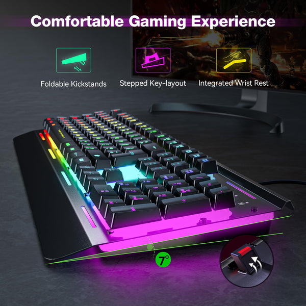 TECKNET RGB Gaming Keyboard UK Layout, USB Wired Computer Keyboard with 15-Zone RGB Illumination, All-Metal Panel, 25 Anti-ghosting Keys, 105 Keys, IP32 Water & Dust Resistant, 90% Quiet Keyboards